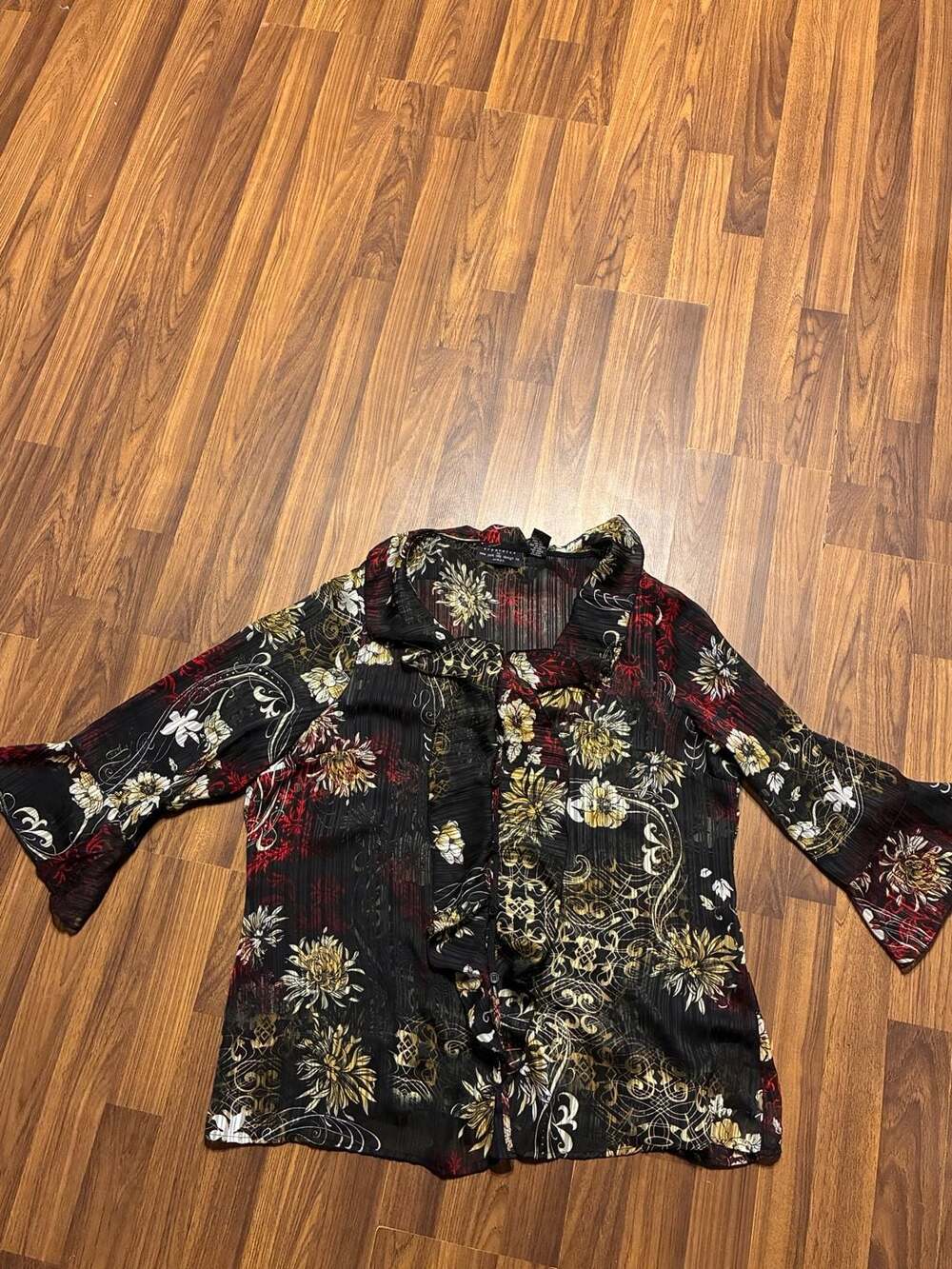 New York City Design Co. Floral Ruffle Trim Sheer Blouse 1X